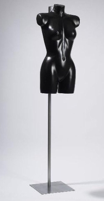Vrouwelijke etalagetorso in glanzend zwart op een in hoogte verstelbare metalen standaard.