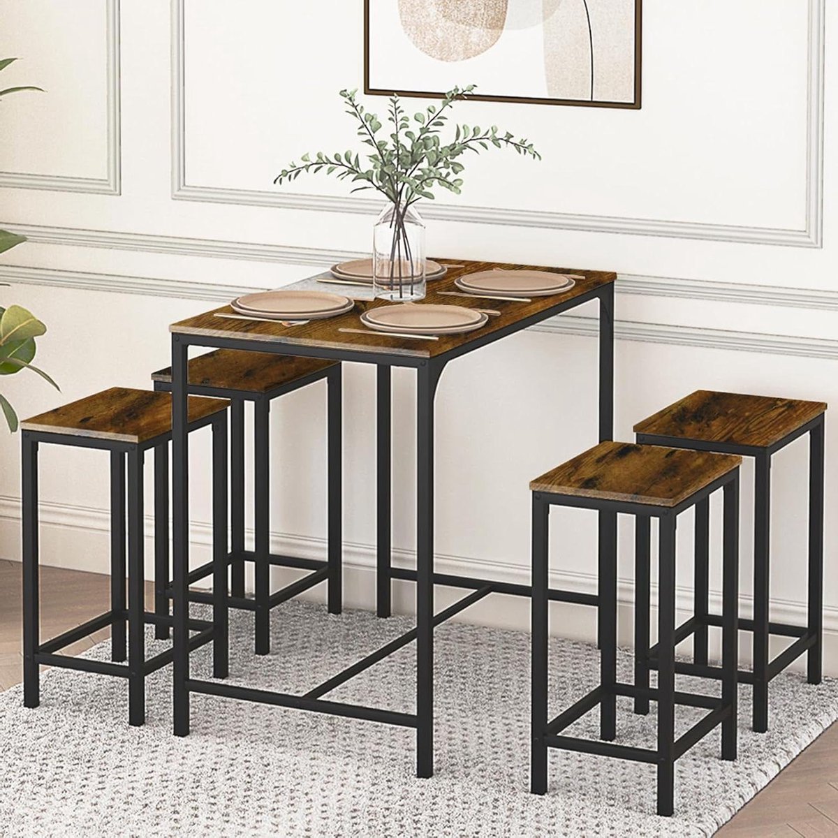 Eettafel met stoelen - Bartafel set - Keuken en woonkamer - Ruimtebesparend design - 100x60x90cm - Vintage bruin zwart