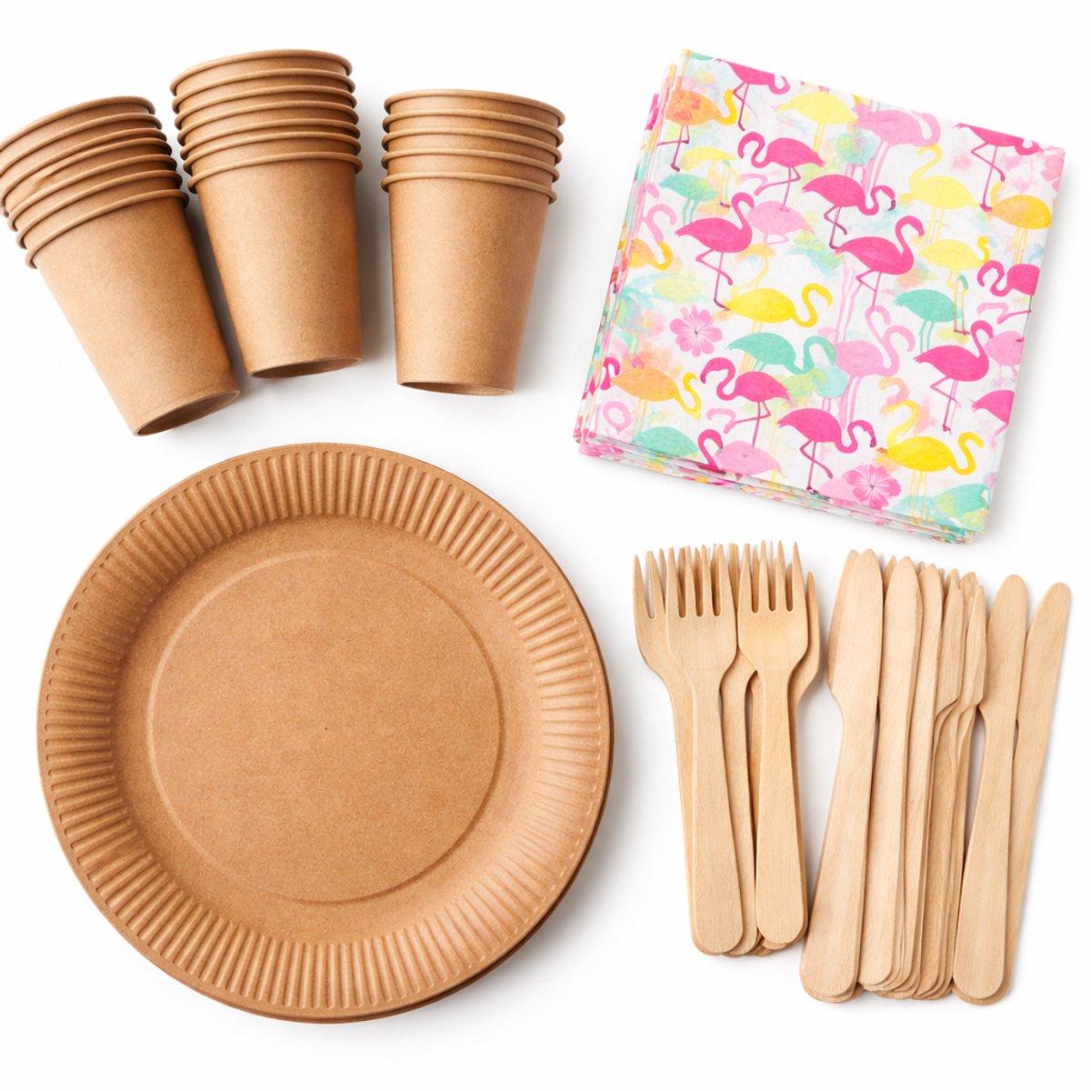 Wegwerp servies set voor 20 personen – 20 kartonnen borden 23 cm, 20 bekers 240 ml, 20 houten vorken, 20 houten messen en 20 servetten 33x33 cm Flamingo party Feest/verjaardag/BBQ/Picknick bordjes - set bio/eco/ - Duurzaam - Milieuvriendelijk