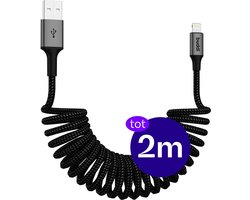 Buddi Flex | Uitrekbare USB-A naar Lightning Krul Kabel 12W Fast Charge 5V/2.4A | 480Mbps Dataoverdracht | Gevlochten Elastisch Nylon | Krulsnoer | Spiraalkabel | Voor in de auto | 2M Zwart