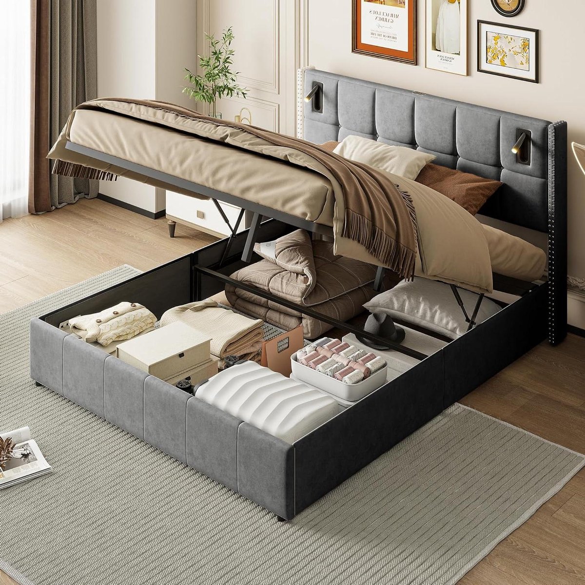 Gestoffeerd tweepersoonsbed, 160 x 200 cm, hydraulisch opbergbed met opbergruimte, bedlade