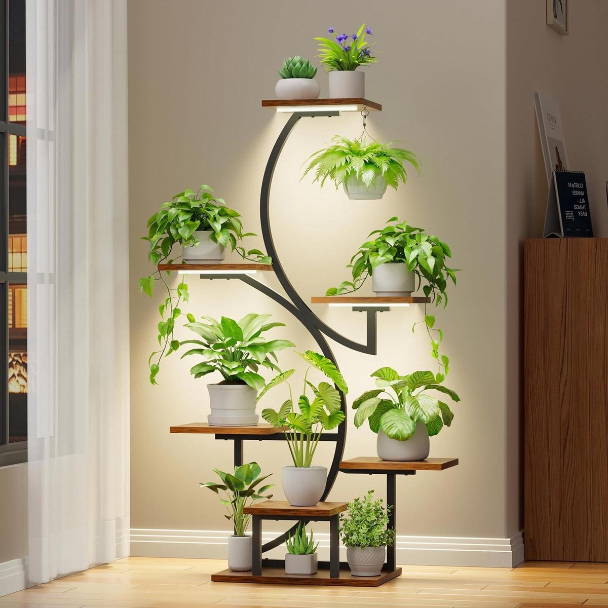 Plantenstandaard met lampen - Plantenrek kamer - Binnen tuinieren - Uniek S-vormig ontwerp - 7 Gelaagd - Zwart