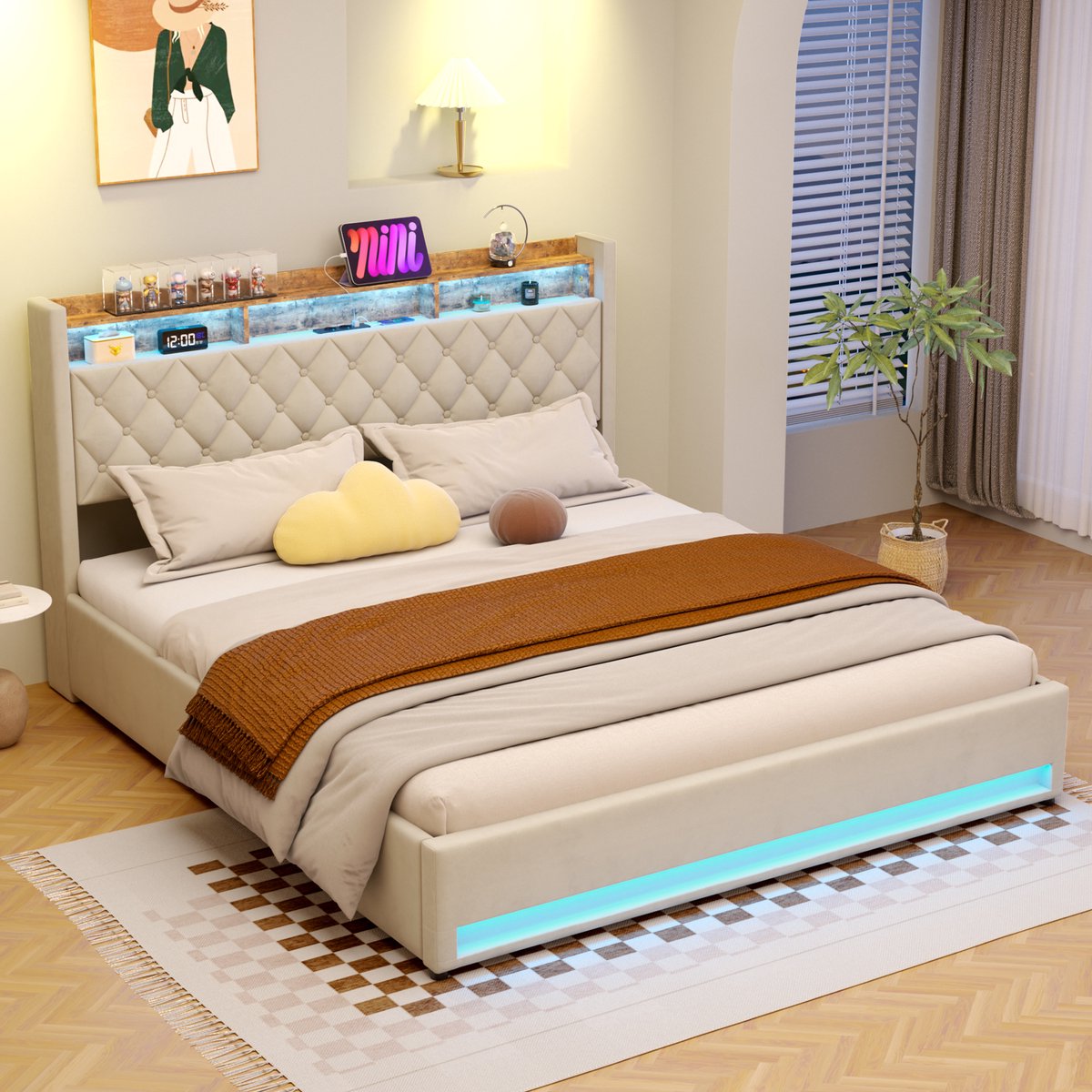 MODENUIT Gestoffeerd Bed 180x200 cm - Met Opbergruimte en USB Aansluiting met LED Licht - Zonder Matras - Fluweel Beige