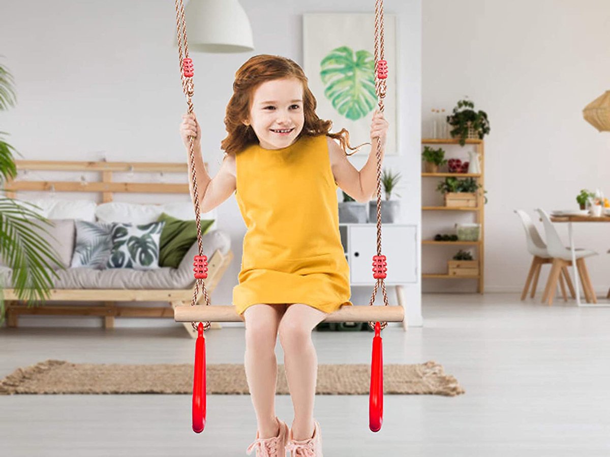 Houten Trapeze Schommel met Ringen – Kinder Gymnastiek Schommel voor Tuin & Binnen – Verstelbaar – Tot 100kg – houten schommel ringen – gymnastiek ringen kinderen – actief speelgoed kinderen – schommel – trapeze – ringen schommel – 32443 — afbeelding 6