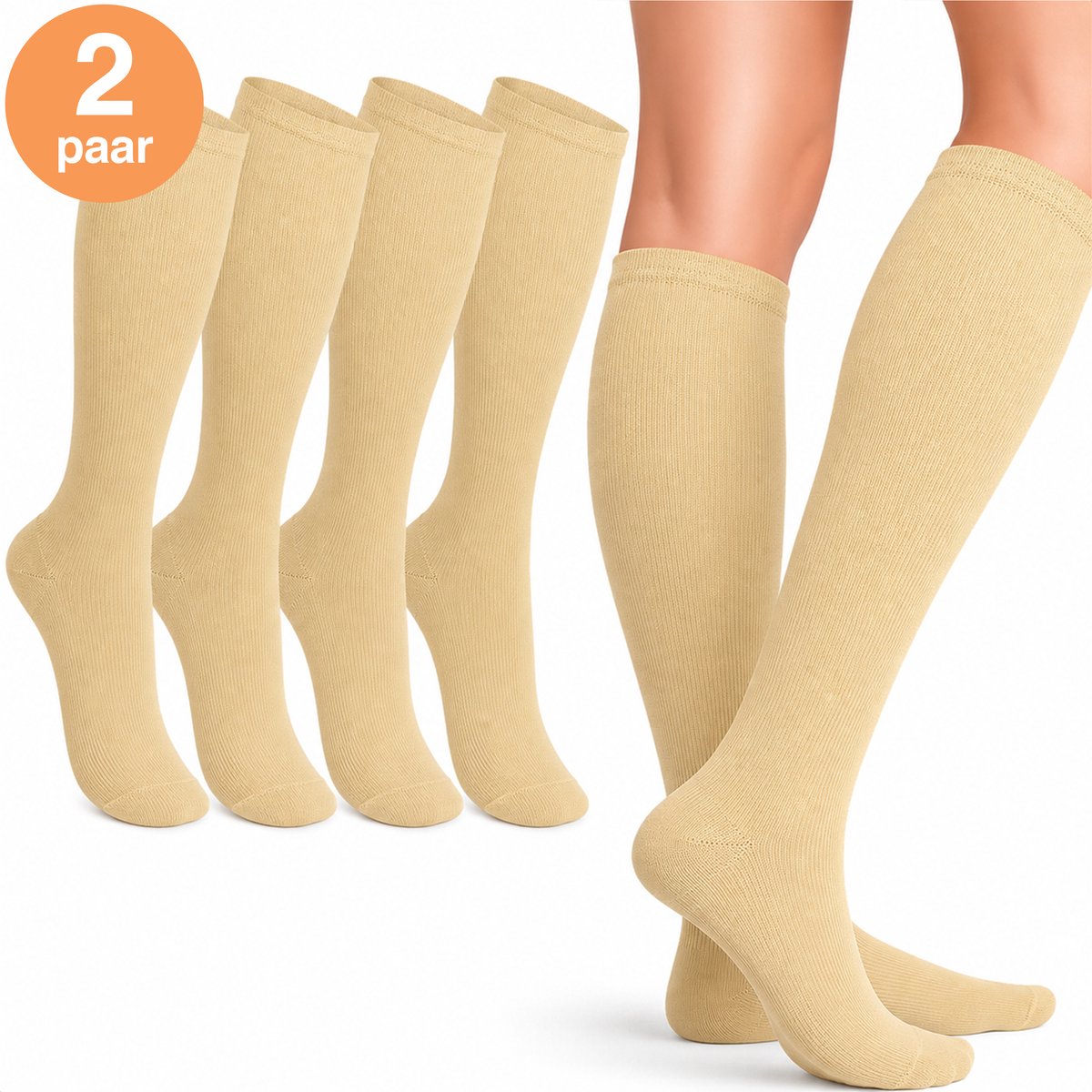 Alyze Compressie kousen - 2 paar - Maat 39-42 - Hoog - Sokken voor mannen & vrouwen - Steunkousen - Doorbloeding, Hardlopen, Vliegtuig, Bed - Beige