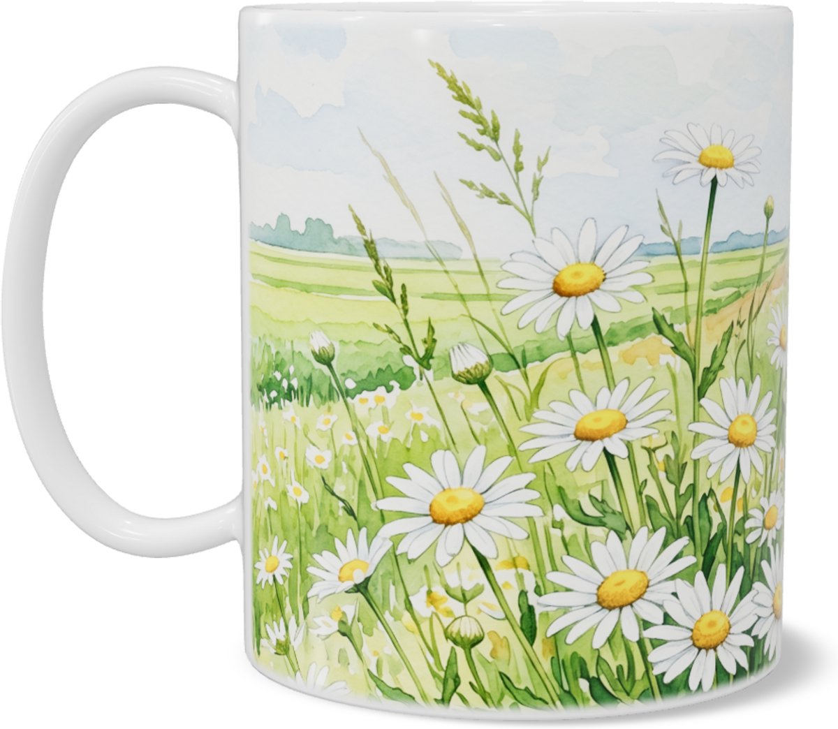Mok Madeliefjes en Hollands Landschap met Molen - Aquarel Illustratie Polder