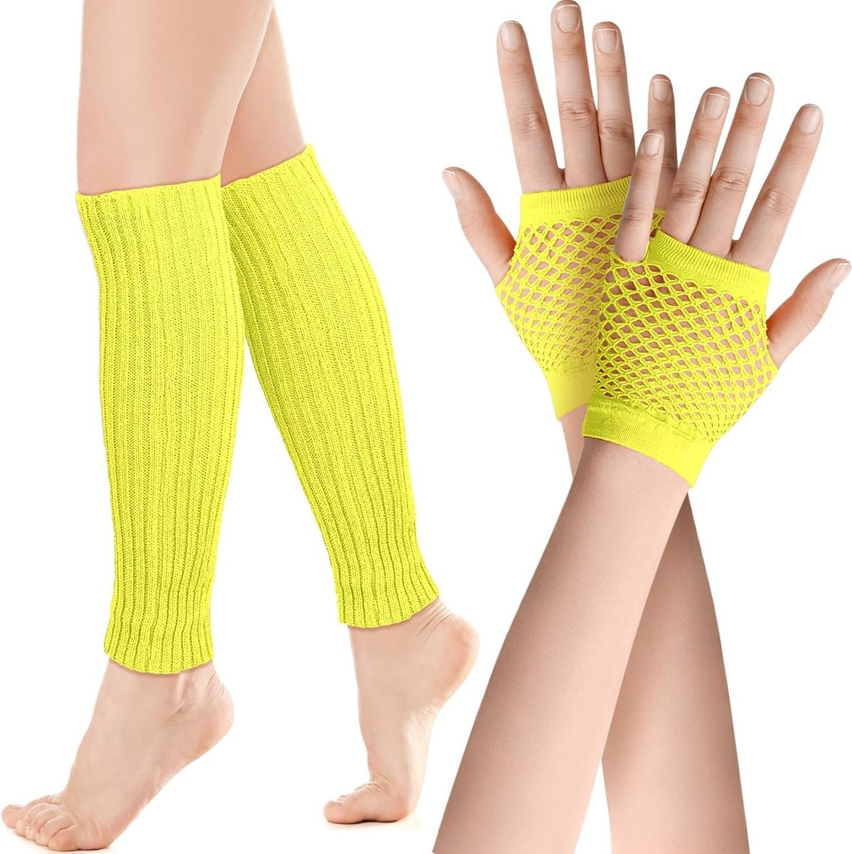 Neon Kousen en Net Handschoenen Set voor 80s Kostuumaccessoires in Fluorescent Geel, One Size, Retro Stijl, Feestoutfit, Dansaccessoires