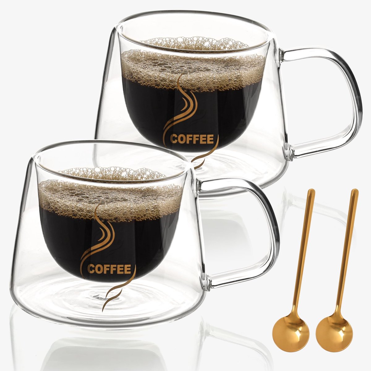 Dailygoody - Dubbelwandige Koffiemokken - Geïsoleerde Glazen - Hitte Bestendige Bekers - 200 ml - Koffie en Thee - Set van 2 met Lepels - Perfect voor...