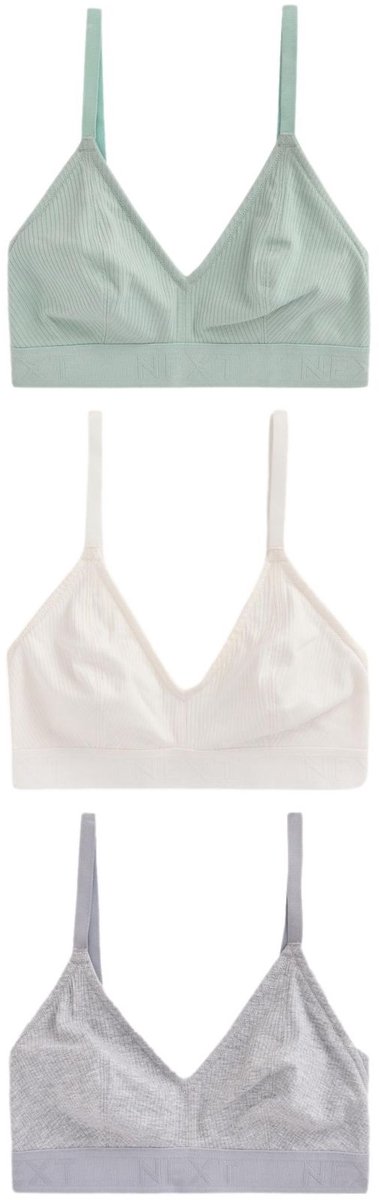 Next Dames - Set van 3 katoengeribbelde DD+ bralettes met logo, zonder vullingen, zonder beugels - Blauw Blue/Grey/Cream