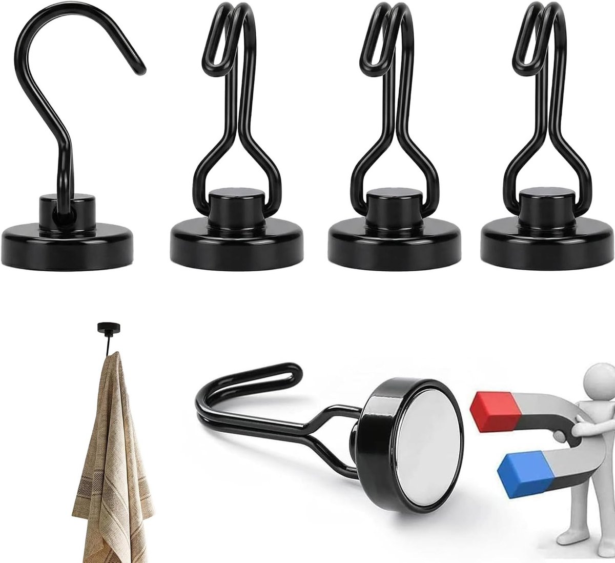 Set van 4 Extra Sterke Magnetische Haken met 180° Rotatie voor Keuken, Garage en Kantoorgebruik
