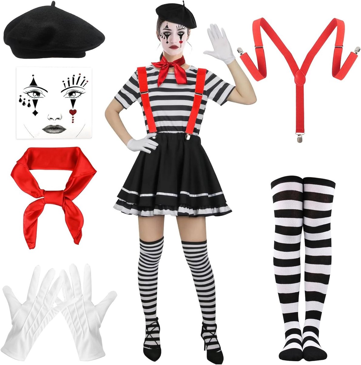Zwart-wit Circus Clown Kostuum voor Vrouwen - 6-delig Halloween Outfit met Beret, Sjaal, Handschoenen, Tatoeages, Sokken en Steunen voor Carnaval en Feestjes