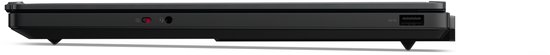 Zijkant van een gesloten zwarte Lenovo Legion laptop met USB-poorten en audioaansluiting.