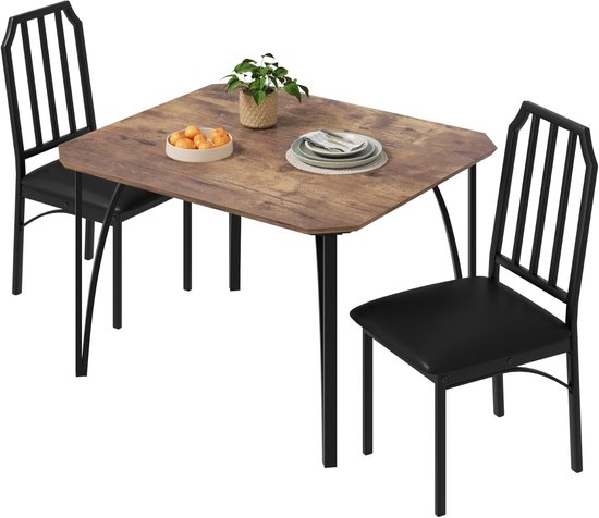 3-delige Eettafel Set voor 2 Personen - Compacte Keukentafel met 2 Gestoffeerde Stoelen - Industrieel Design - Hout en Metaal - 74x74x76 cm - bruin