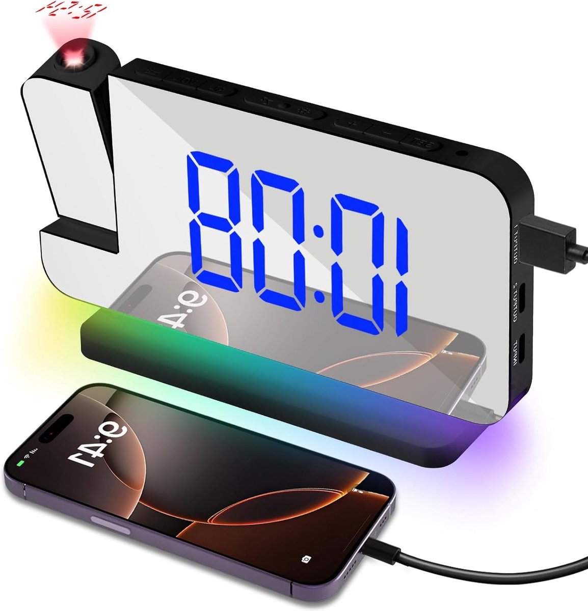 Verlichte Projectie Alarmklok met 7.4 Inch LED Display, Dimmer, RGB Nachtlamp en Snoozefunctie voor Slaapkamer