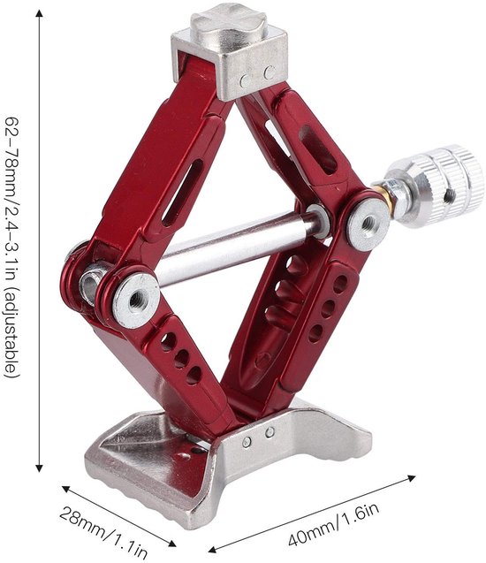 Rode schaarkrik met afmetingen: hoogte 62-78mm, breedte 28mm, lengte 40mm.