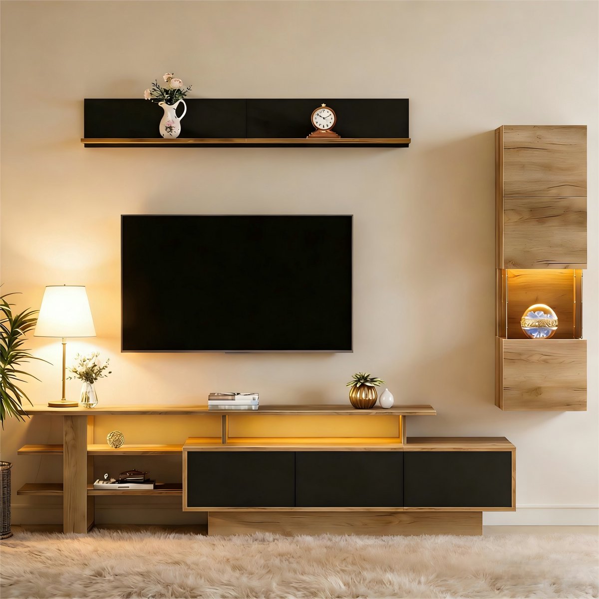 REDOM TV-Meubelset - 3-Delig Met LED-Verlichting - Modern - Woonkamer - MDF En Acryl - Zwart En Natuurkleur Natuurlijk hout + natuurlijk + zwart