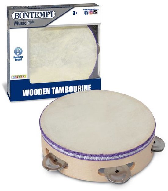 Houten tamboerijn met een witte trommelkop en paarse en witte gestreepte rand. Drie metalen jingles aan de zijkant.