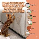 Bengale kat krabt aan meubelbeschermfolie. Tekst: Kan gebruikt worden op diversiteit aan stoffen. Lijsten tonen polyester, katoen, hout, acryl, leer, fluweel.