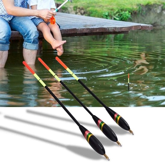 Set van 3 kleurrijke houten dobbers voor vissen, 1,5 + 6 g, 1,5 + 5 g, 1,5 + 4 g, ideaal voor forel, baars en meerval vissen — afbeelding 4