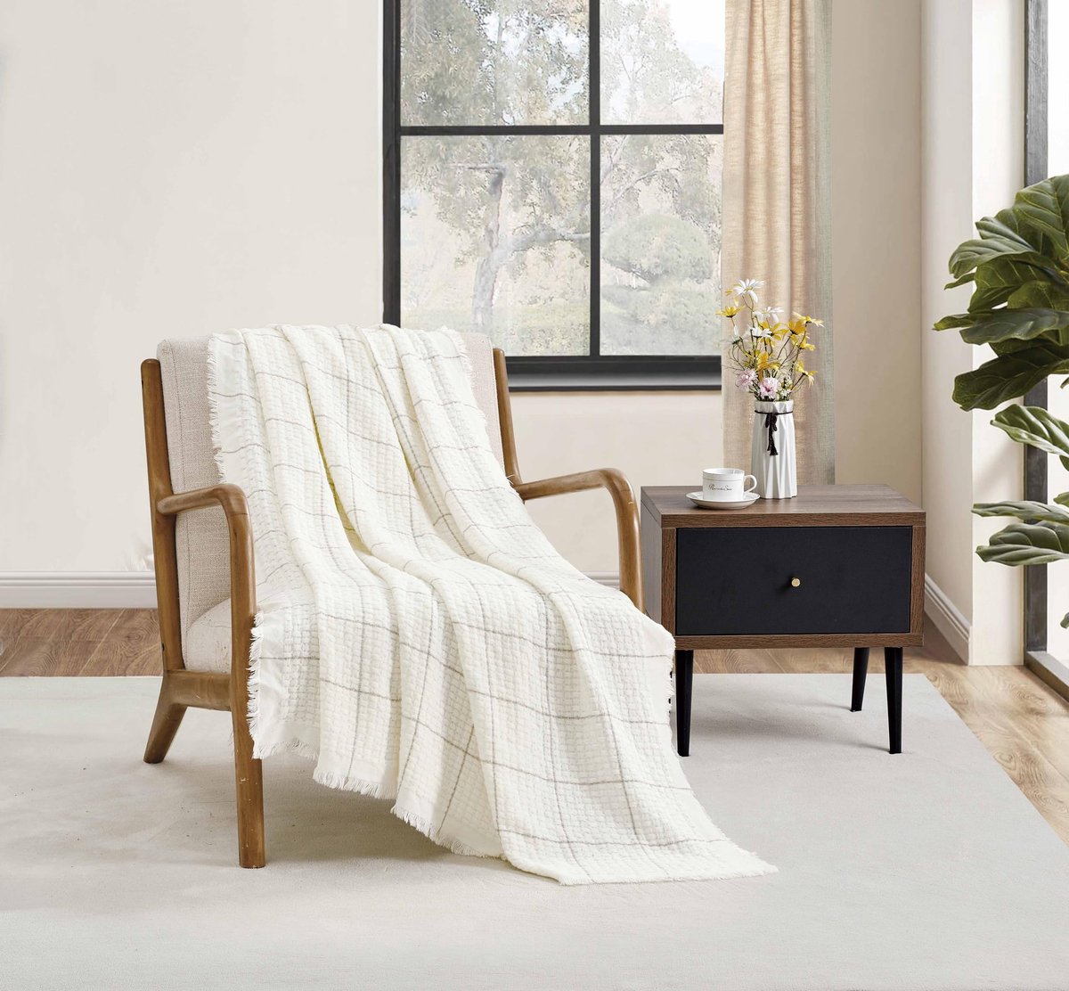 Dailygoody - Bohemian gebreide plaid - Zacht en warm - Crème - Woondecoratie - Geschikt voor lente en zomer - 127 cm x 152 cm