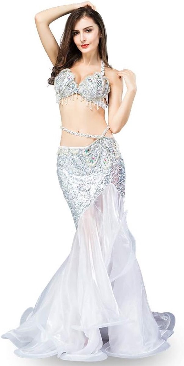 Belly Dance Kostuum Set voor Vrouwen met Luxe Bling en Pailletten - Professionele Dansoutfit met Maxi Rok en Bh voor Merengirls