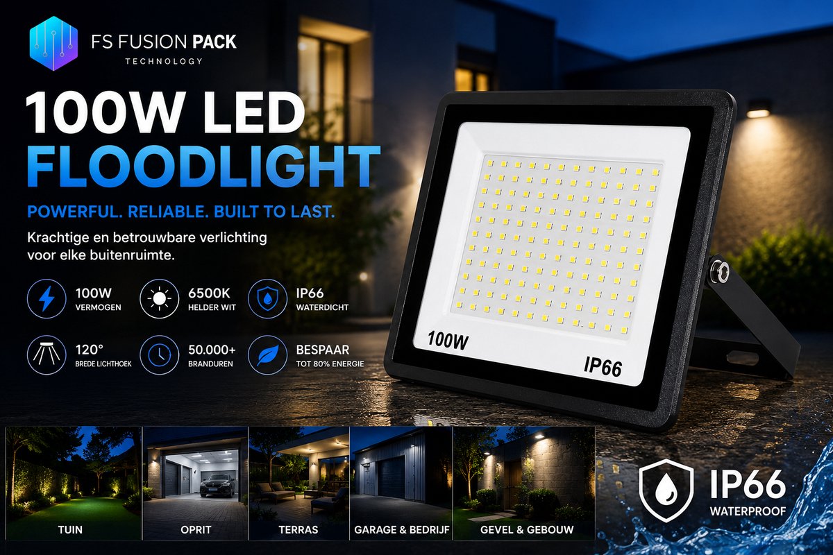 Krachtige Floodlight 100W Waterdichte LED Schijnwerper voor Tuin en Terras-FS Fusion Pack-Terrasverlichting-Tuinverlichting-Anti-roest 2026-Buitenverlichting-Garageverlichting-6500K-Outdoor 100W LED Floodlight 100 Watt LED Flood Light Waterdicht IP66