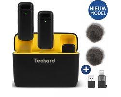 Techard Draadloze Microfoon 2 stuks met Oplaadcase Dasspeld Microfoon Lavalier Microfoon Draadloos Microfoons 2026 Model - Inclusief Windkapjes en Adapters