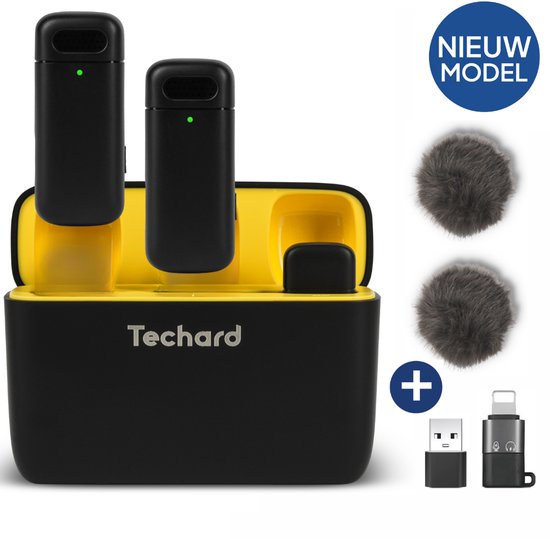 Nieuw model draadloze microfoons met oplaadcase, 2 windkapjes en USB-adapters.