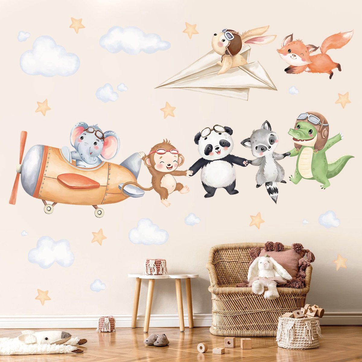 Dailygoody - Muurstickers - Vliegtuigen Dier - Wanddecoratie voor Kinderkamer - Olifant Panda Aap - Dieren Muurtattoo - Geschikt voor Kinderen - Mat
