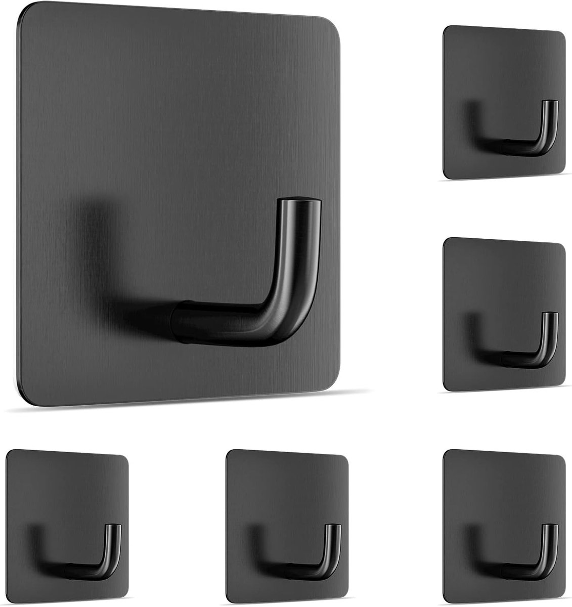 Set van 6 zwarte roestvrijstalen zelfklevende muurhaken – boorloos voor badkamer, keuken, plafond, deuren en badjassen