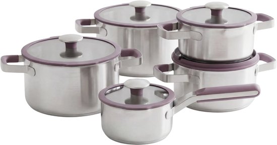 BergHOFF Home Elements Pannenset 10-delig – Luxe RVS Kookset – Steelpan 16cm & Kookpotten 18/20/24/26cm met Glazen Deksels – PFAS-vrij & Inductie – Aubergine