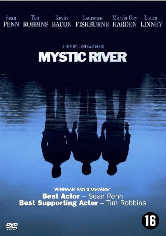 Couverture DVD "Mystic River". Trois hommes se tiennent dans l'eau, leurs silhouettes se reflètent. "Lauréat de 2 Oscars".