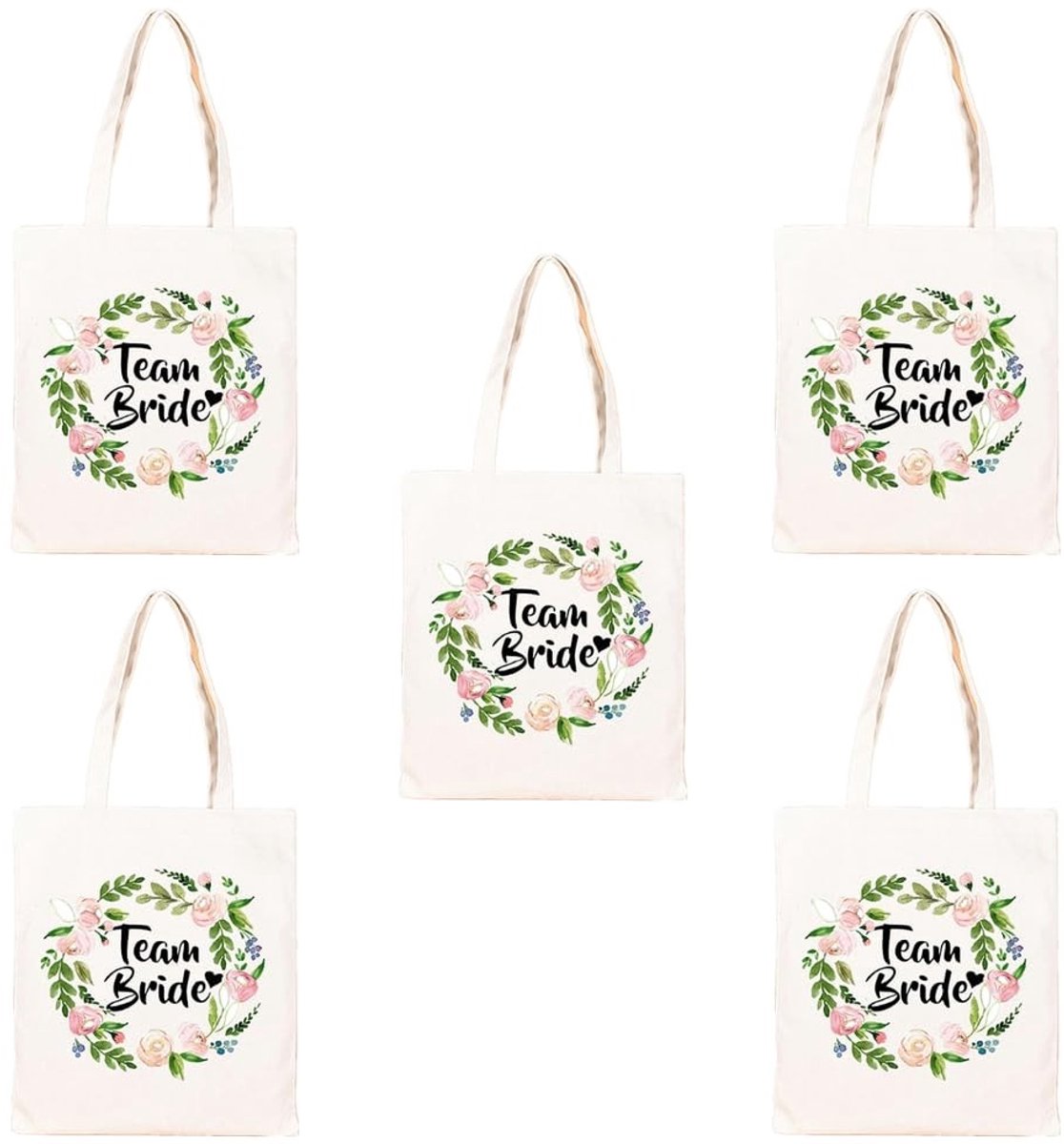 OmGoods - Dailygoody - Team Bride Floral Tote Bag 5PK - Duurzame Bruidsaccessoires - 100% Katoen, Wit, 26x33cm