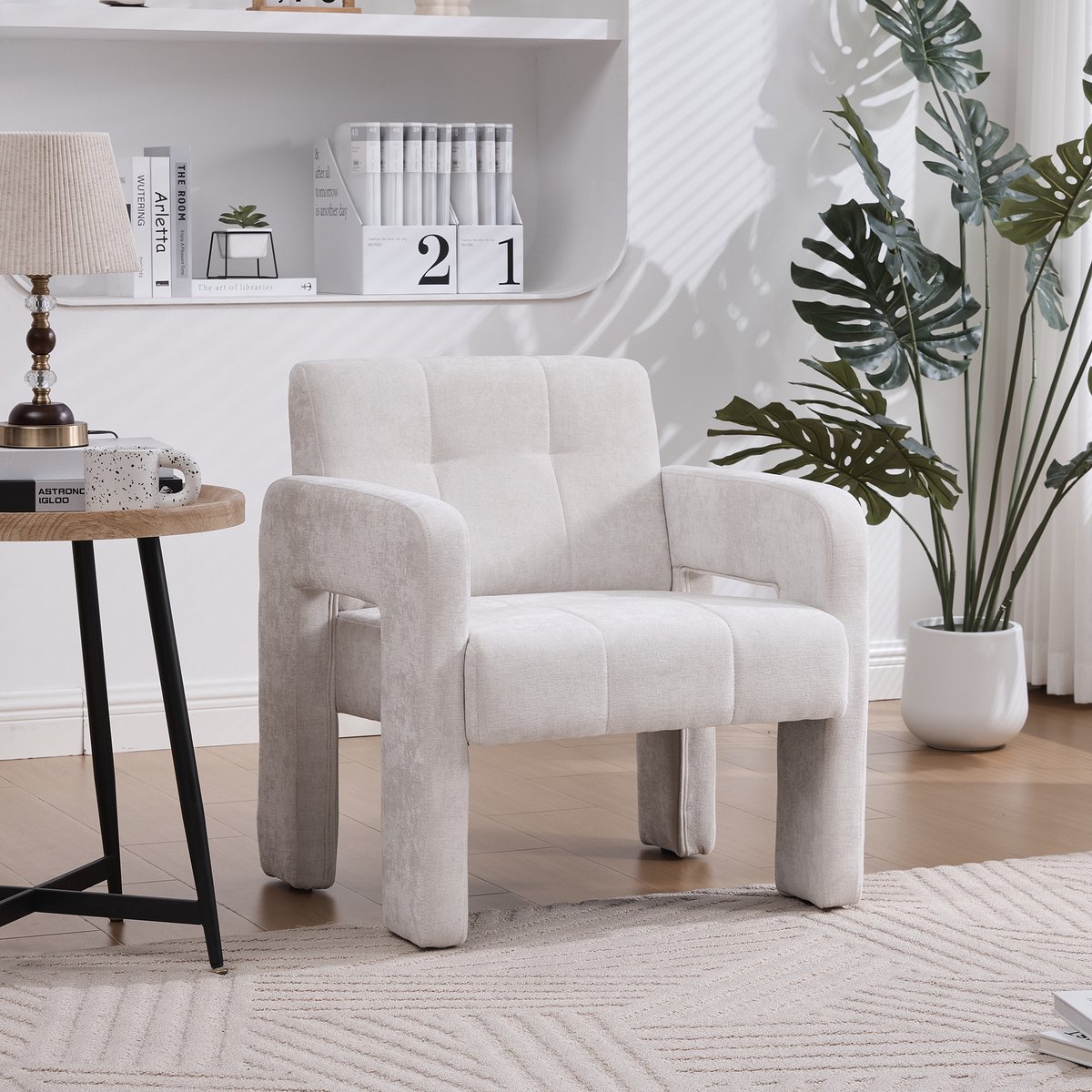 Chenille fauteuil - relaxstoel, met armleuningen en rugleuning, 69x67x74 cm, ergonomische ondersteuning, Scandinavische stijl- Beige