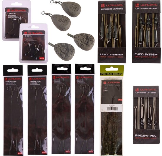Overzicht van verschillende Ultimate visaccessoires: chod rigs, loodjes, leadclip system, chod system, combi rigs, vislijn en ring swivels.
