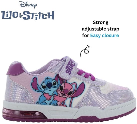 Lichtpaarse sneakers met Stitch en Angel print. Verstelbare klittenbandsluiting voor gemakkelijke sluiting.