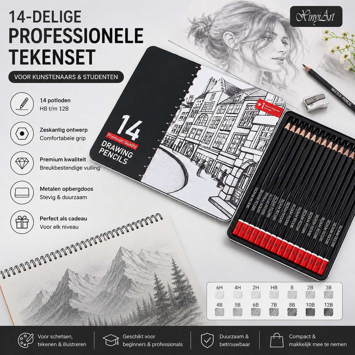 14-delige Professionele Tekenset – Sketch Potloden Set met Gum en Puntenslijper – HB t/m 12B – Voor Tekenen, Schetsen en Kunst