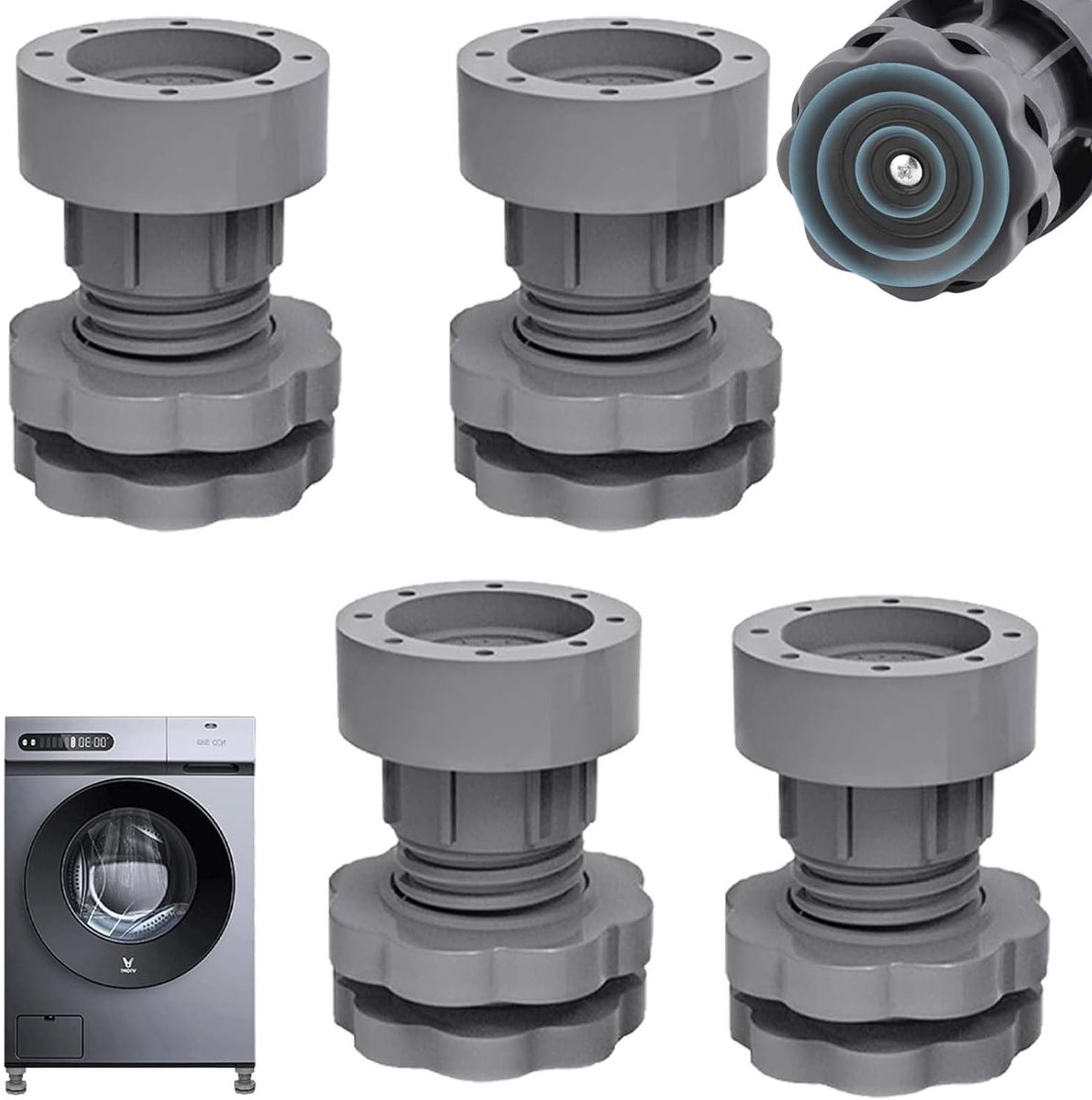 Verstelbare trillingsdempers voor wasmachines en drogers, 4 stuks, 7-9,5 cm hoogte, rubberen anti-vibratievoeten voor optimale stabiliteit en geluidsreductie