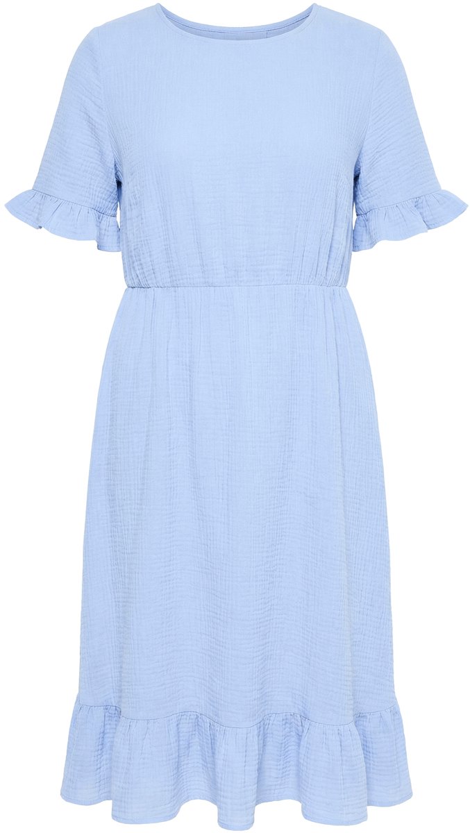 MIAMODA - Dames - Mousseline jurk midilengte volants korte mouw - Ochtend blauw - Maat 46