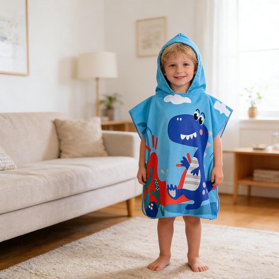 Kinder Badponcho - Dino Design - Na het zwemmen - Zachte microvezel - 60 x 120 cm - Blauw — afbeelding 3