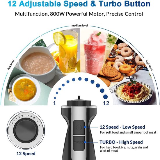Staafmixer Set - Blender Keukenmachine - Voedsel Bereiden - Roestvrijstalen Behuizing - 800W Motor - Zilver — afbeelding 4