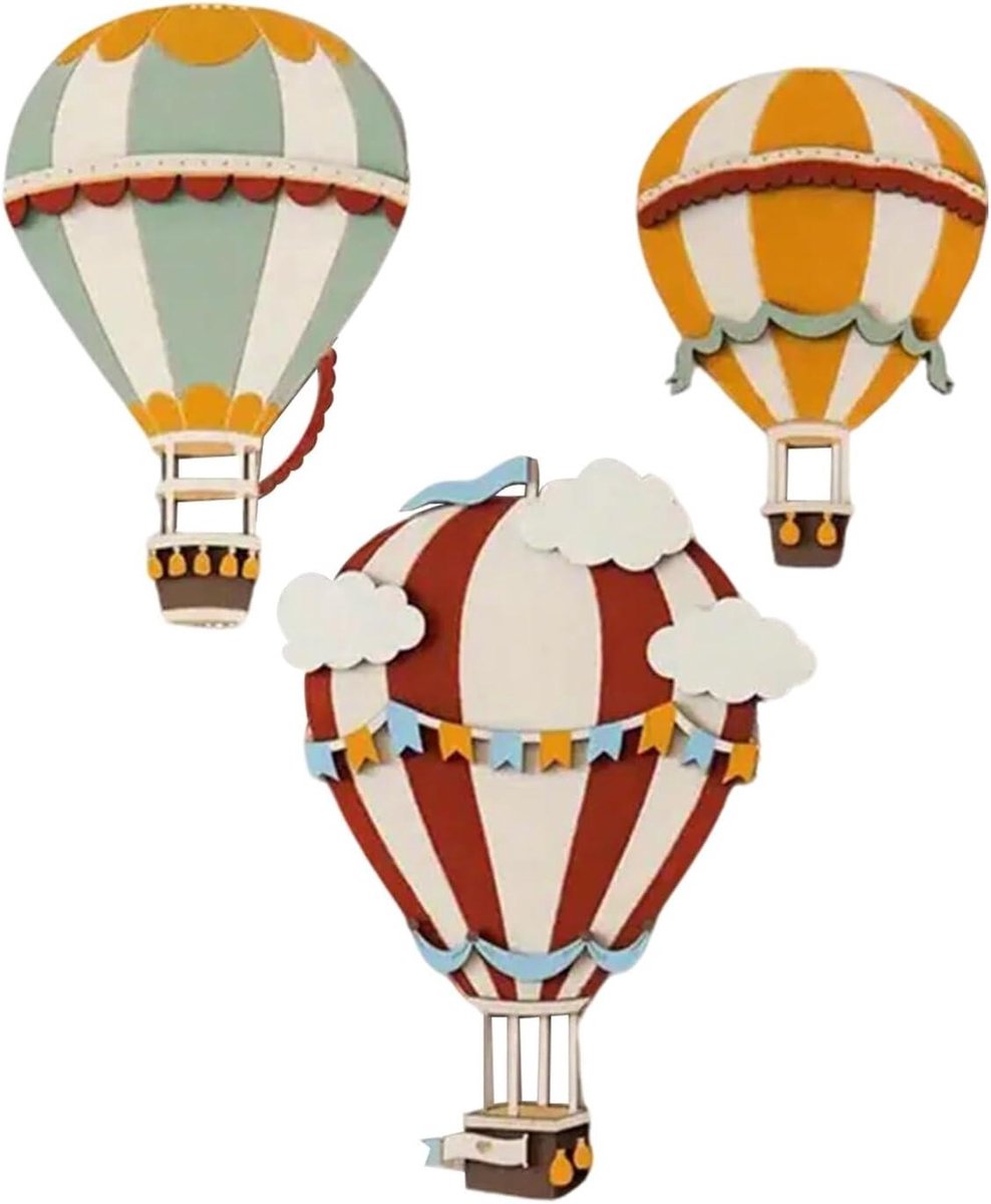 Houten Luchtballon Decoratie - Wandkunst Boho Stijl - Kinderkamer Aankleden - Gladde Randen - 26 x 16 x 1 cm