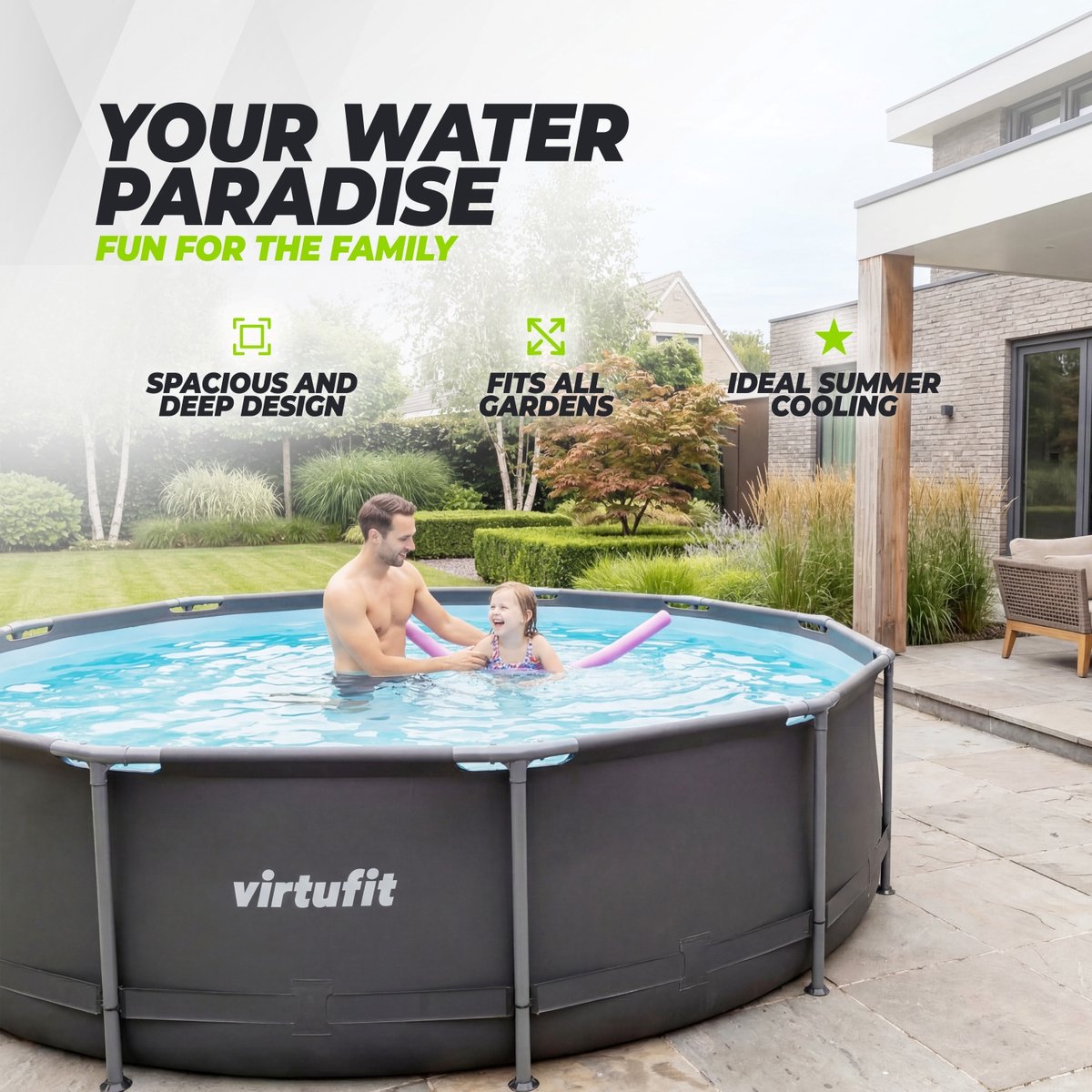 VirtuFit Rond Zwembad Ø244 x 76 cm - Incl. Filterpomp - Opzetzwembad - Duurzaam & Veilig Stalen Frame - Antraciet — afbeelding 5