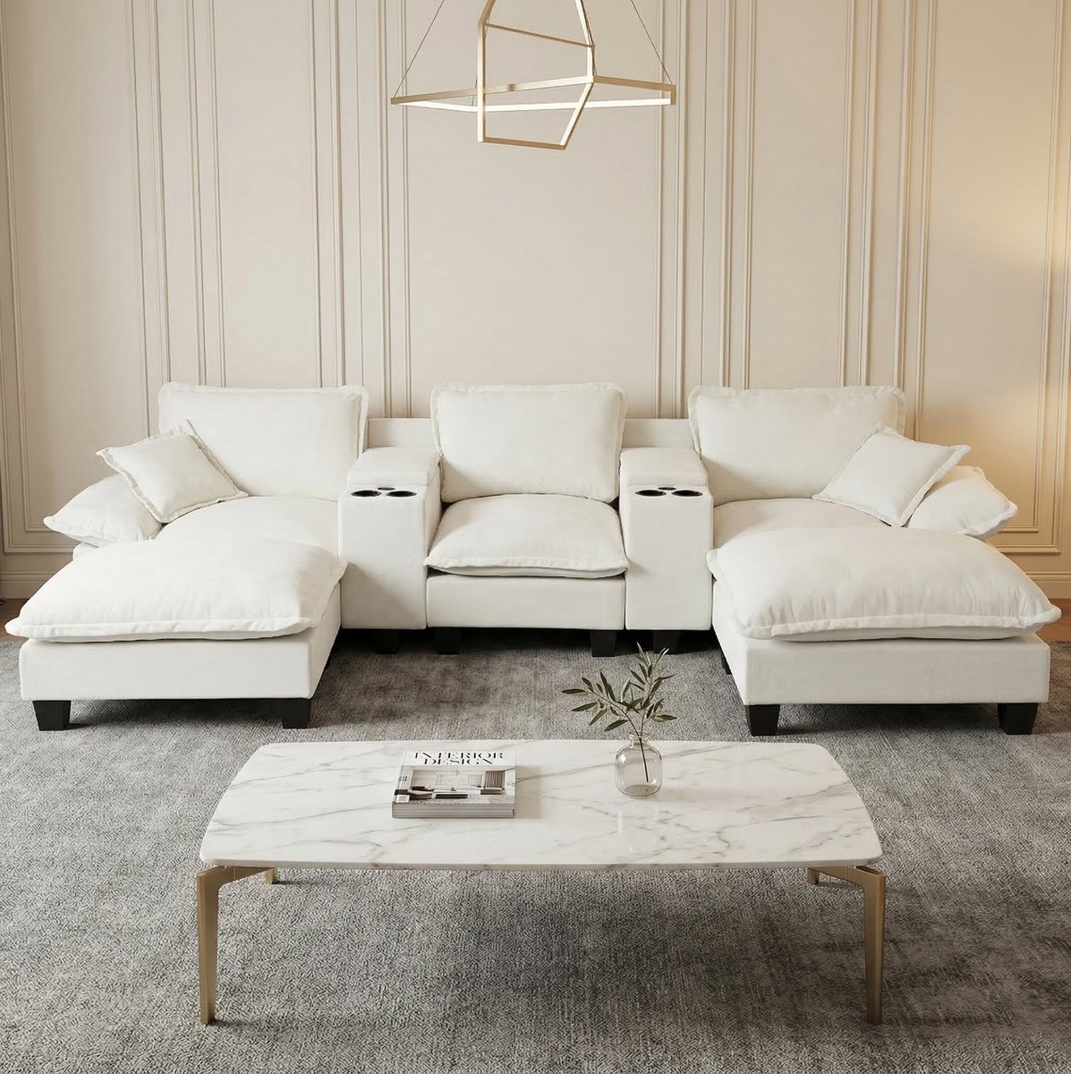 HAUSS SPOLE Hoekbank - U-Vorm Cloud Sofa - Met Usb, Opbergruimte En Bekerhouders - Voor Woonkamer En Appartement - Chenille Beige