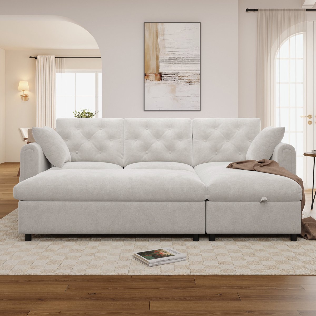 HAUSS SPOLE Hoekbank - Velvet Sofa Met Chaise Longue En Opberghocker - Wisselbare Opstelling - Voor Woonkamer - Beige
