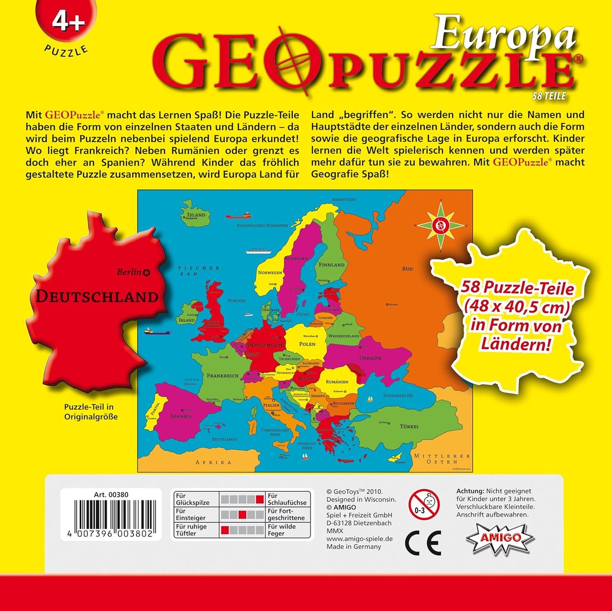 Europa Puzzel - Landkaart Puzzel - Geografie Leren - Vormen per Land - 58 Delen - Meerkleurig