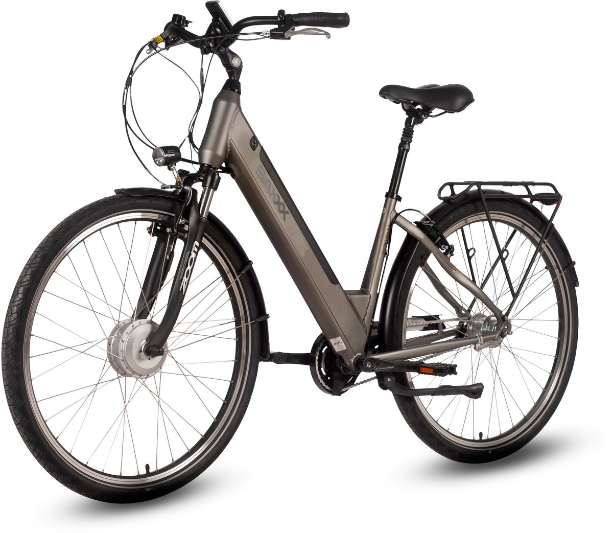 saxxx Comfort Plus 4.0 - 26 inch elektrische stadsfiets - actieradius tot 90 km - 95% voorgemonteerd - voorwielmotor - 36V 418Wh accu - Shimano 7-speed naafversnelling - LCD-display- Zilvergrijs mat