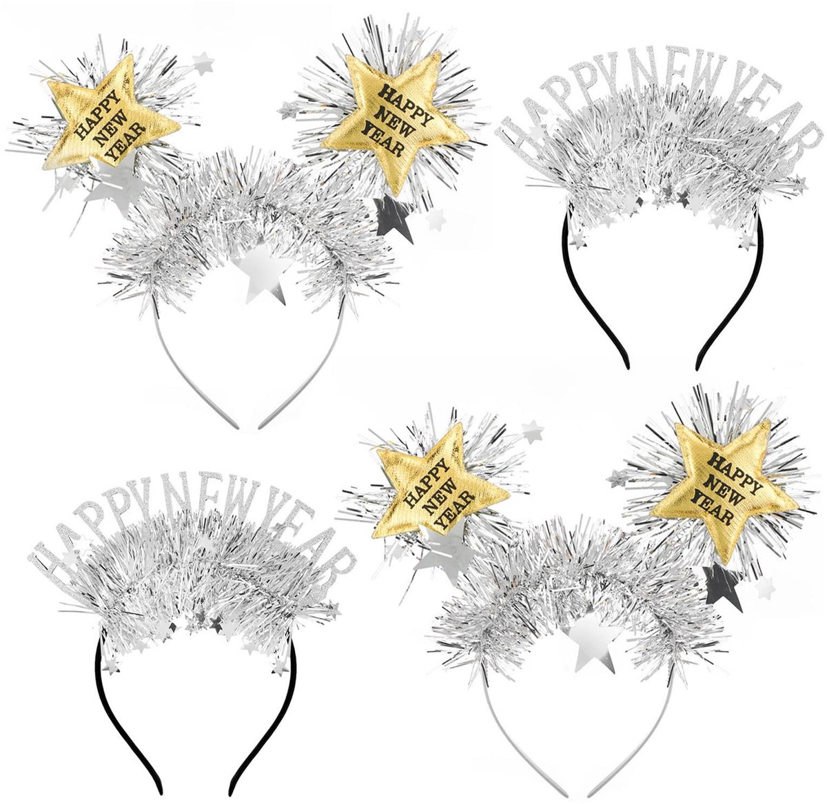 Dailygoods- Hoofdband Gelukkig Nieuwjaar - 4 Stuks - Duurzaam - Haaraccessoires - Hoofdtooi - Geschikt voor Kinderen/Volwassenen - Sprankelende Sterren - Haarband