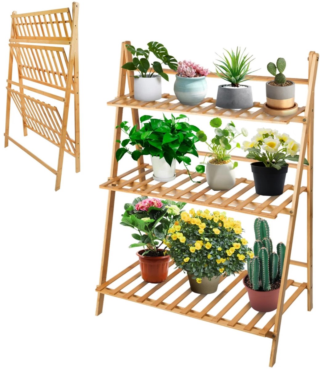 Dailygoods 3-niveaus plantenladder opvouwbare bloementrap, bamboe bloemenstandaard, plantenplank, tuinplantenladder voor