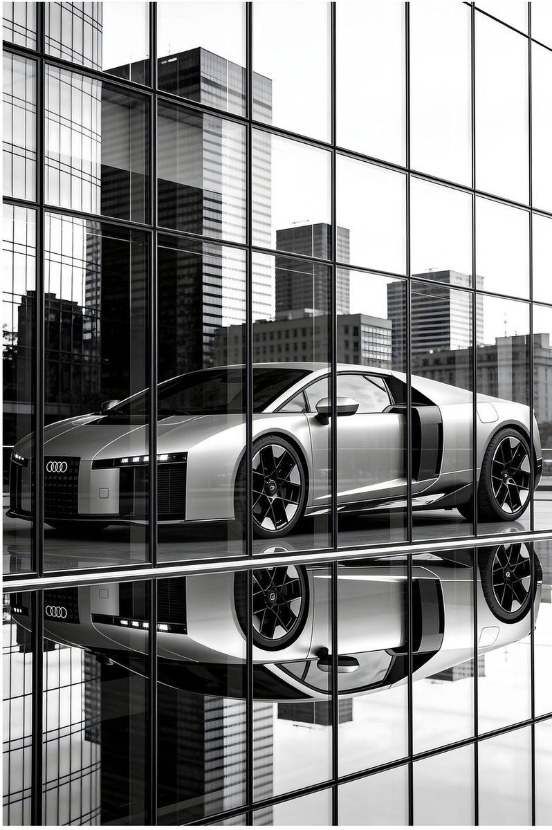 Audi Sportwagen Glas Reflectie 100x150 cm - Dibond Wanddecoratie Aluminium Premium Kunstdruk Urban Architectuur - Audi Wall Art